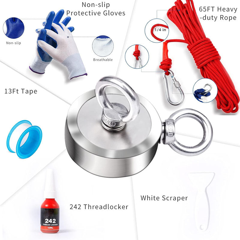 BowLift | Magnet Fishing Kit Strong 1300Lbs Pulling with 65ft Rope 2.95" Rare Earth Magnets with 2 Countersunk Hole for Magnetic Fishing and River Lake Hunting