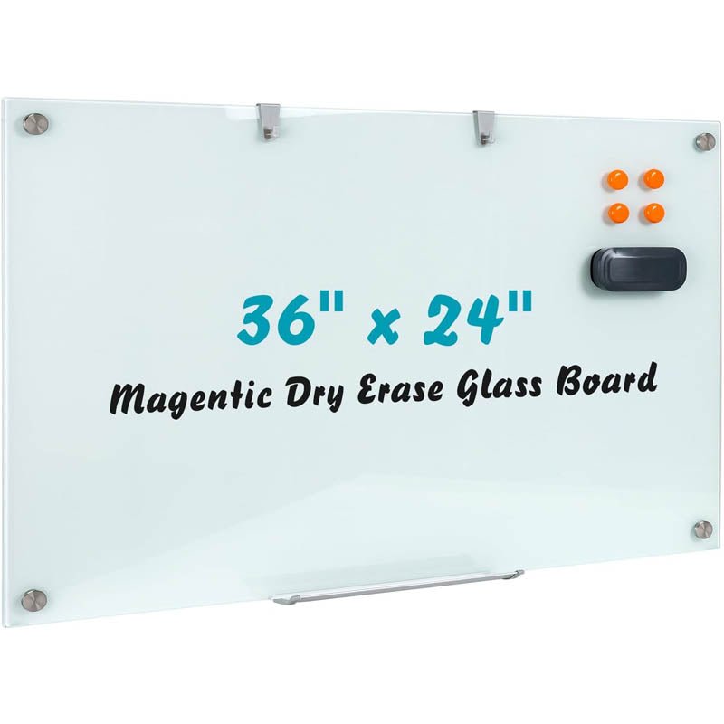 BowLift | Magnetic Glass Whiteboard 36"x24" Glass Dry Erase Board Large Glass Board for Wall White