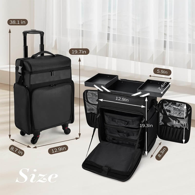 BowLift | Rolling Makeup Train Case Professional Cosmetology Travel Trolley with telescopic handle Makeup Artist Organizer Box