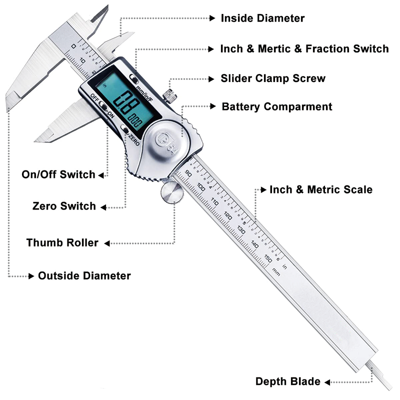 BowLift | Digital Caliper, Calipers 6 Inch Calipers Measuring Tool, Easy Switch from Inch Metric Fraction, with Large LCD Screen