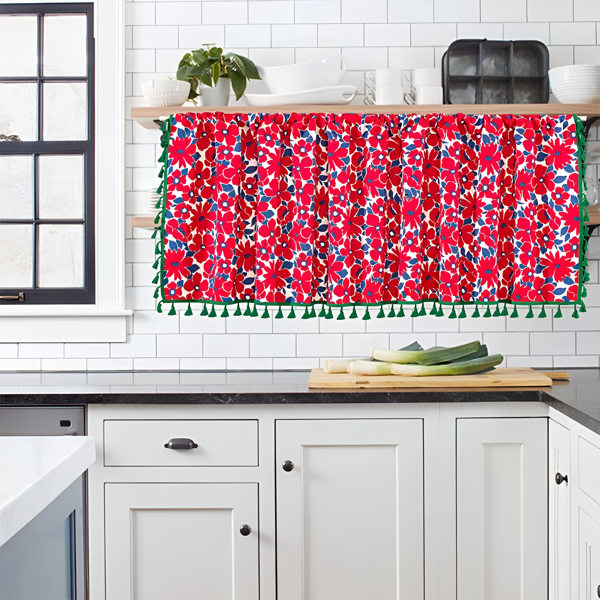 BowLift | Graceful Red Floral Linen Cabinet Window Curtain