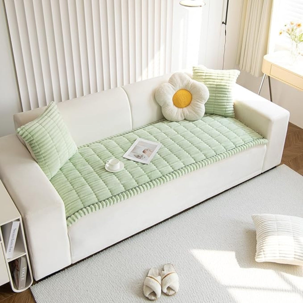 BowLift | Plush Pleated Sofa Cover | Non-Slip Thick Flannel Furniture Protector | Machine Washable Microfiber Couch Shield