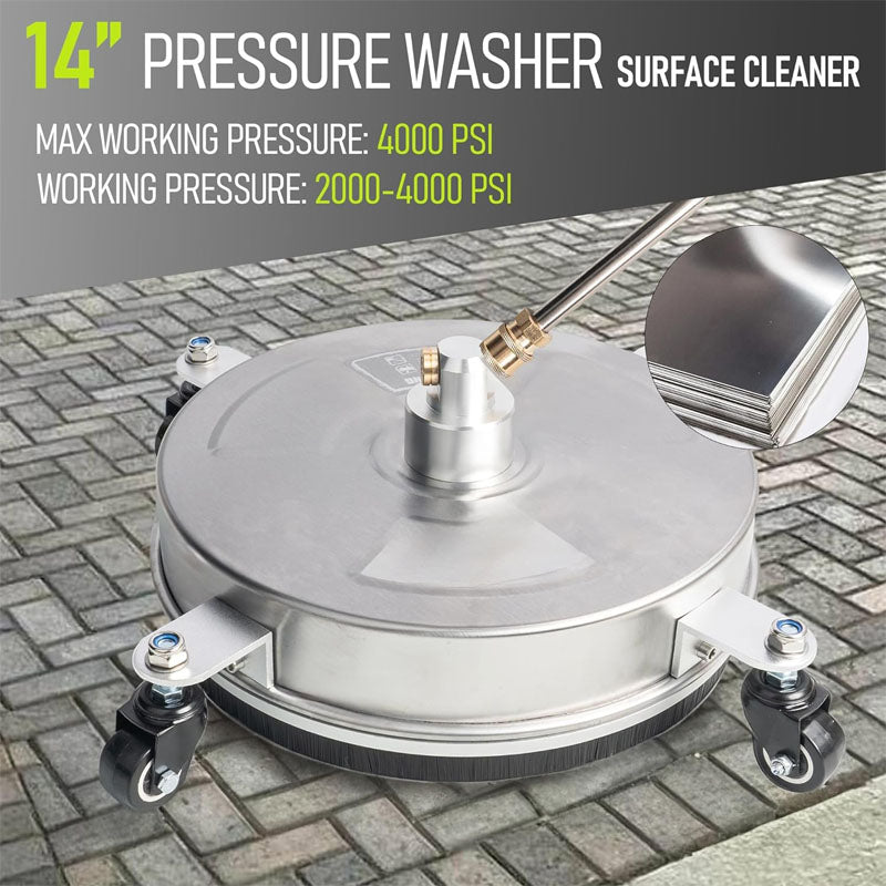 BowLift | 14 inch Pressure Washer Surface Cleaner with wheels 1/4" Quick-Connect Connector w/ 2 Extension Wand For Floor Driveway Patio