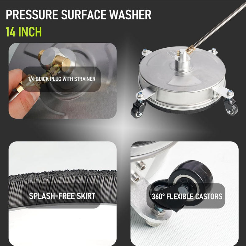BowLift | 14 inch Pressure Washer Surface Cleaner with wheels 1/4" Quick-Connect Connector w/ 2 Extension Wand For Floor Driveway Patio