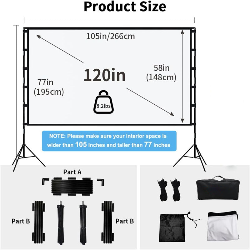 BowLift | 120 inch Projector Screens with Stand 16:9 4K 1080 HD Outdoor Movie Screen with Carry Bag