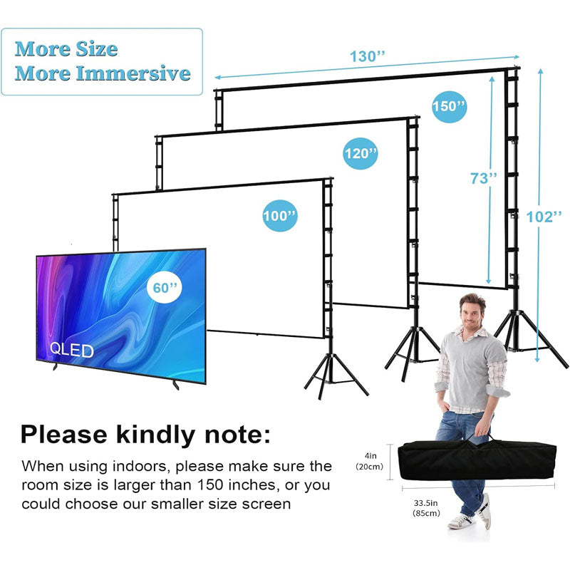 BowLift | 150 inch Projector Screens with Stand 16:9 4K 1080 HD Outdoor Movie Screen with Carry Bag Wrinkle-Free Design