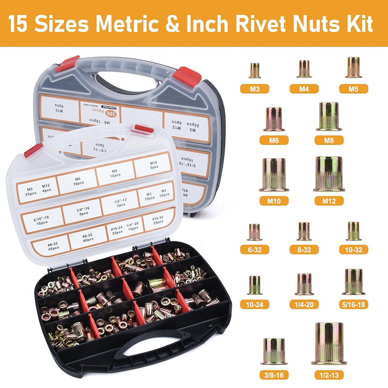 BowLift | 16'' Rivet Nut Tool Kit Rivnut Hand Tool Set with 15PCS Metric & Inch Mandrels M3 to M12, 6-32 to 1/2-13 and 300PCS Rivet Nuts Assortment