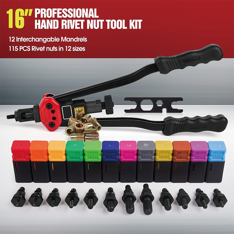 BowLift | 16" Rivet Nut Tool, Rivnut Tool Kit with 11 mandrels+110PCS Rivets Nuts, M3 M4 M5,m6,m8,m10 M12, 10-24, 1/4-20, 5/16-18,3/8-16