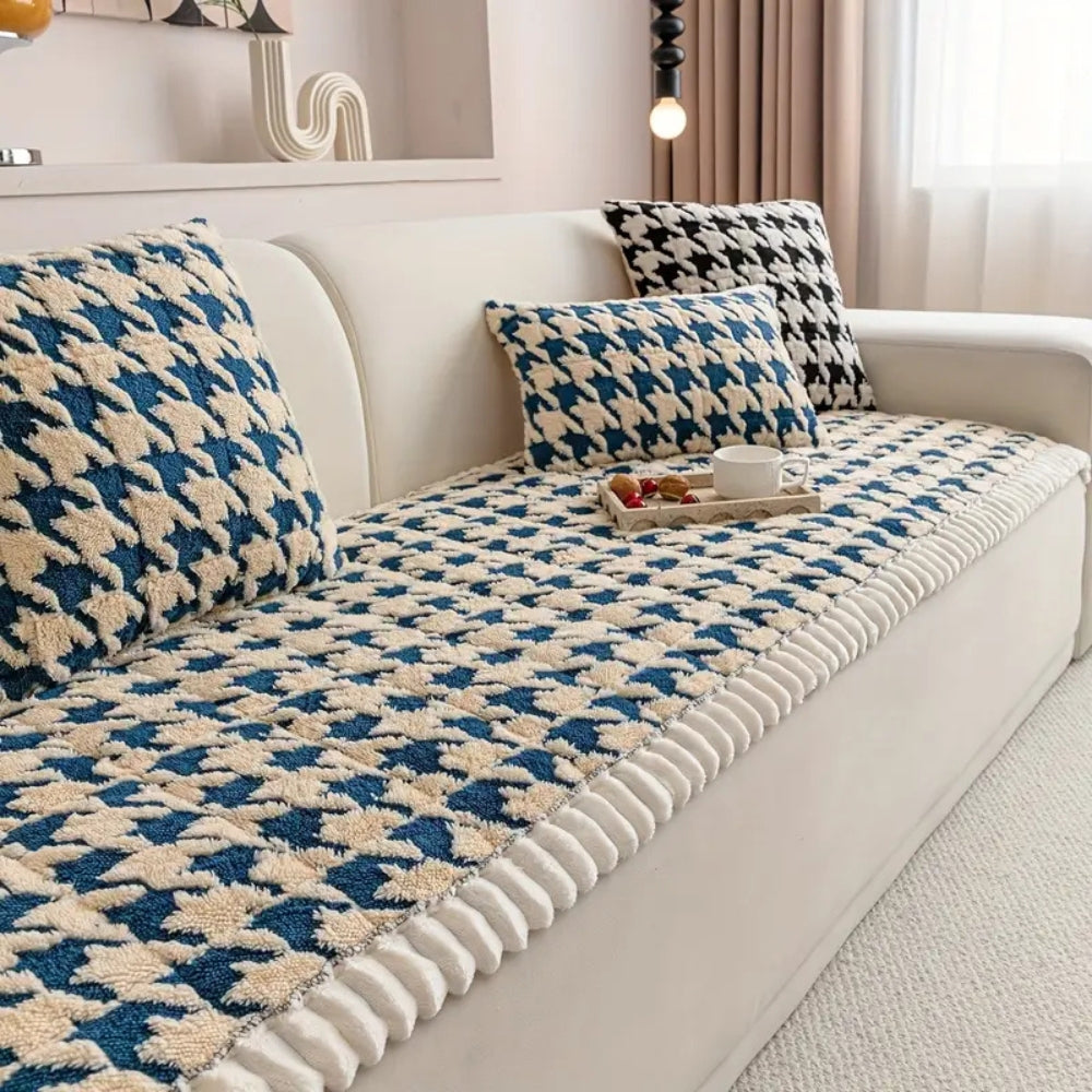 BowLift | Colourful Plush Houndstooth Sofa Cover and Cushion Cover
