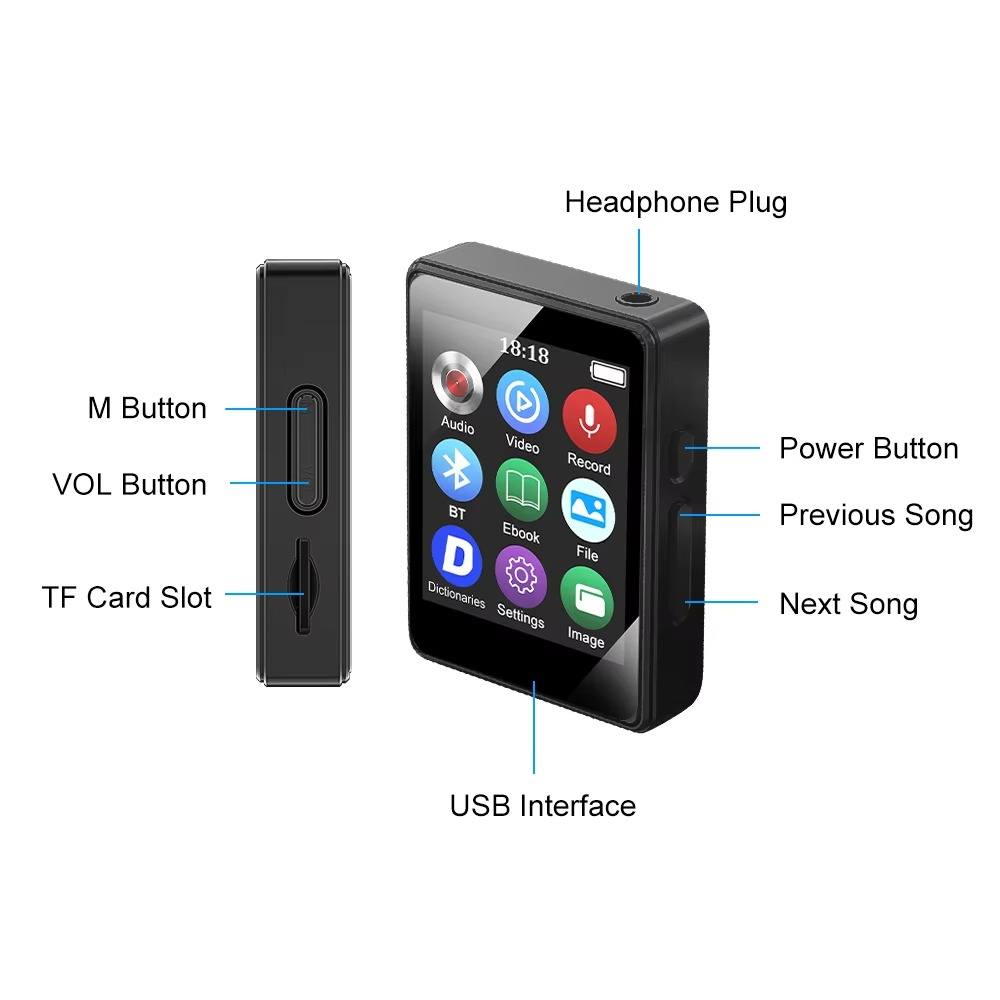 BowLift | Portable Bluetooth MP3 Player with HiFi Stereo, Mini MP4 Video Playback, LED Screen and Voice Recording