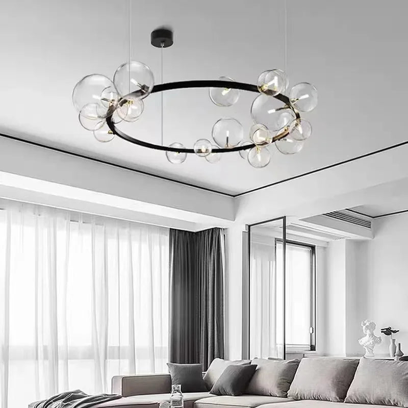 BowLift | Modern Creative Metal Chandelier Lighting: 7/10 Clear Glass Bubbles, Long Round Design with G9 Light Fixture