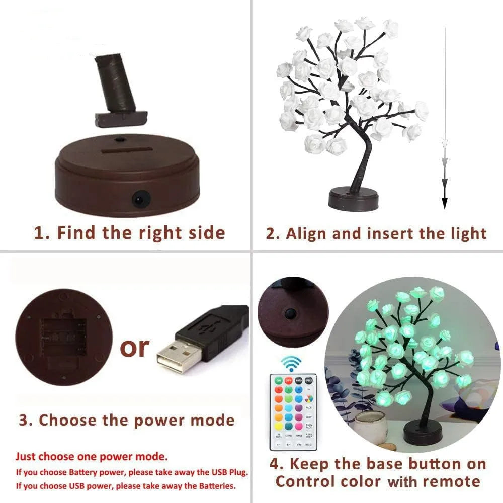 BowLift | RGB Rose Flower Tree Lights 24LED USB Battery Table Lamp Fairy Night Light Home Party Christmas Wedding Bedroom Decoration Gift
