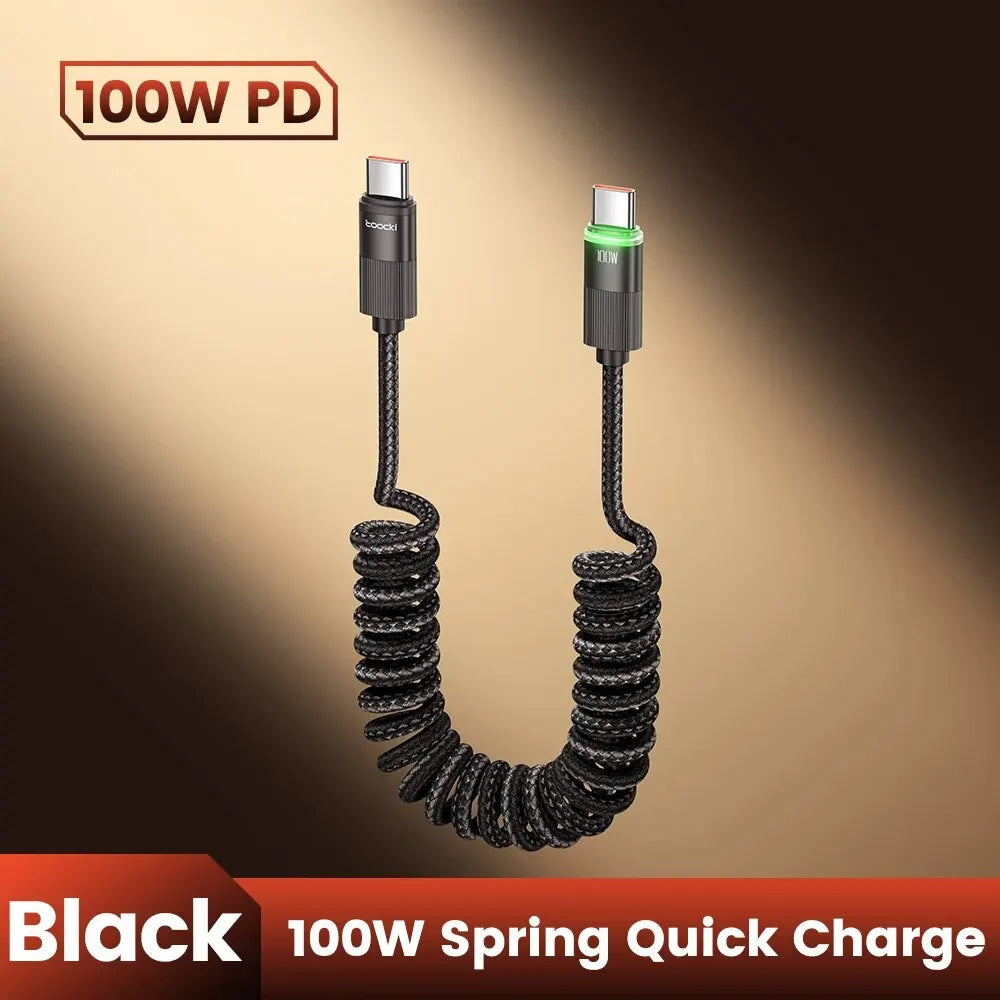 BowLift | PowerLinx USB-C Cable | 100W Fast Charging | Spiral Cable with LED | 1.8m Stretchable & Durable
