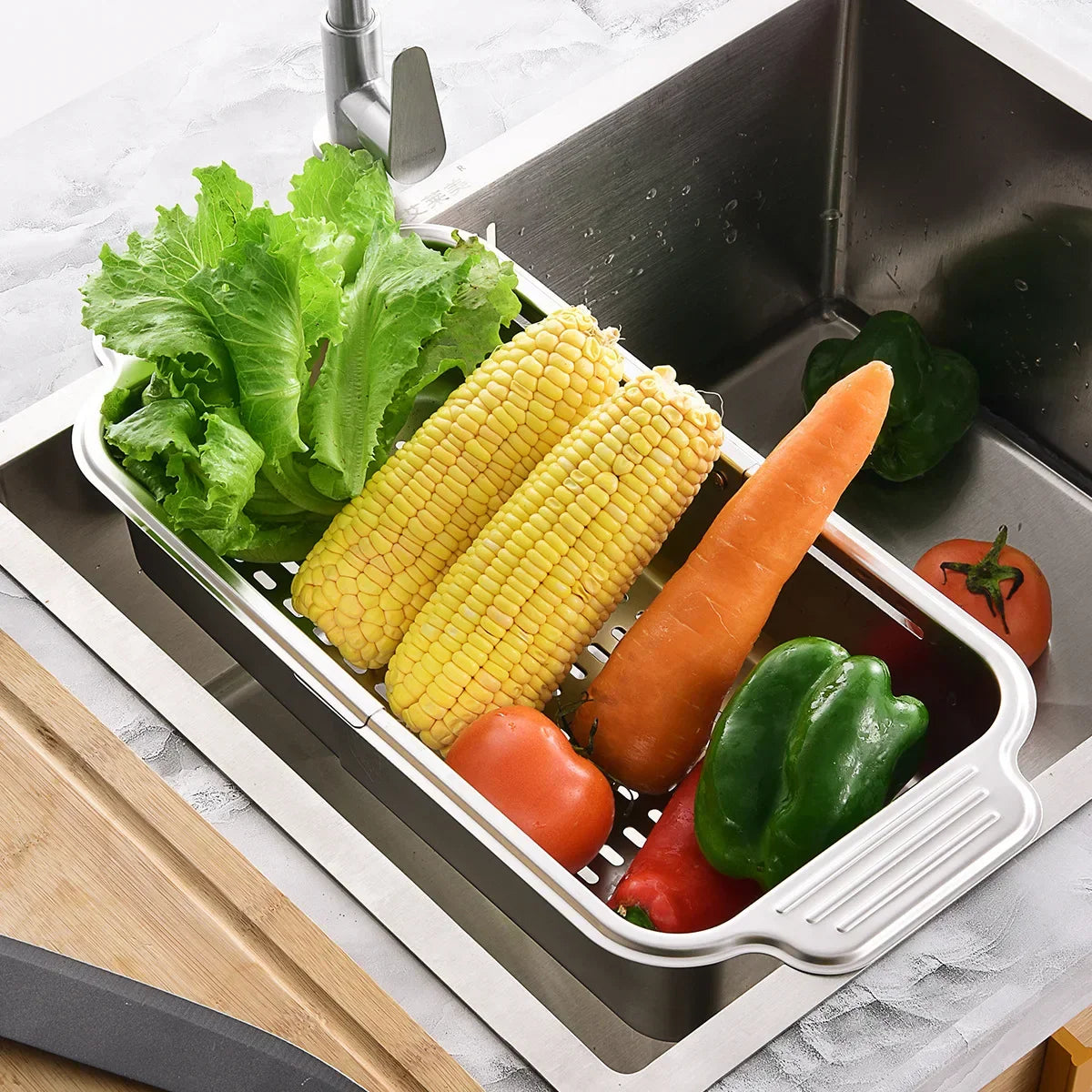 BowLift | Retractable Over Sink Stainless Steel Vegetable Drain Basket