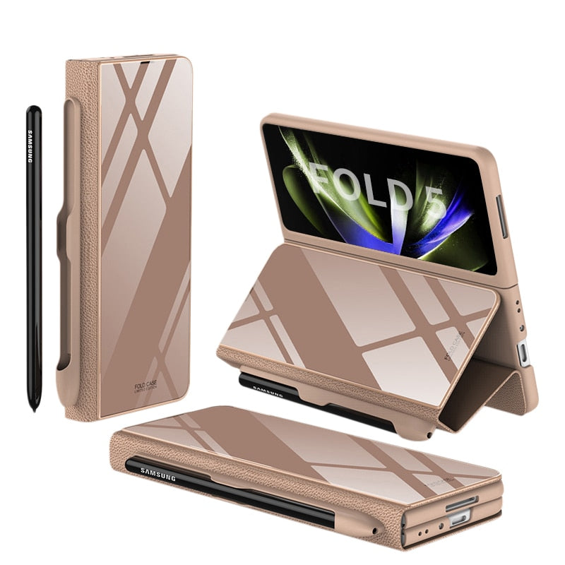 BowLift | Shockproof Armor Case Glass Cover Stand Insert Card Leather Case for Samsung Galaxy Z Fold 5/4