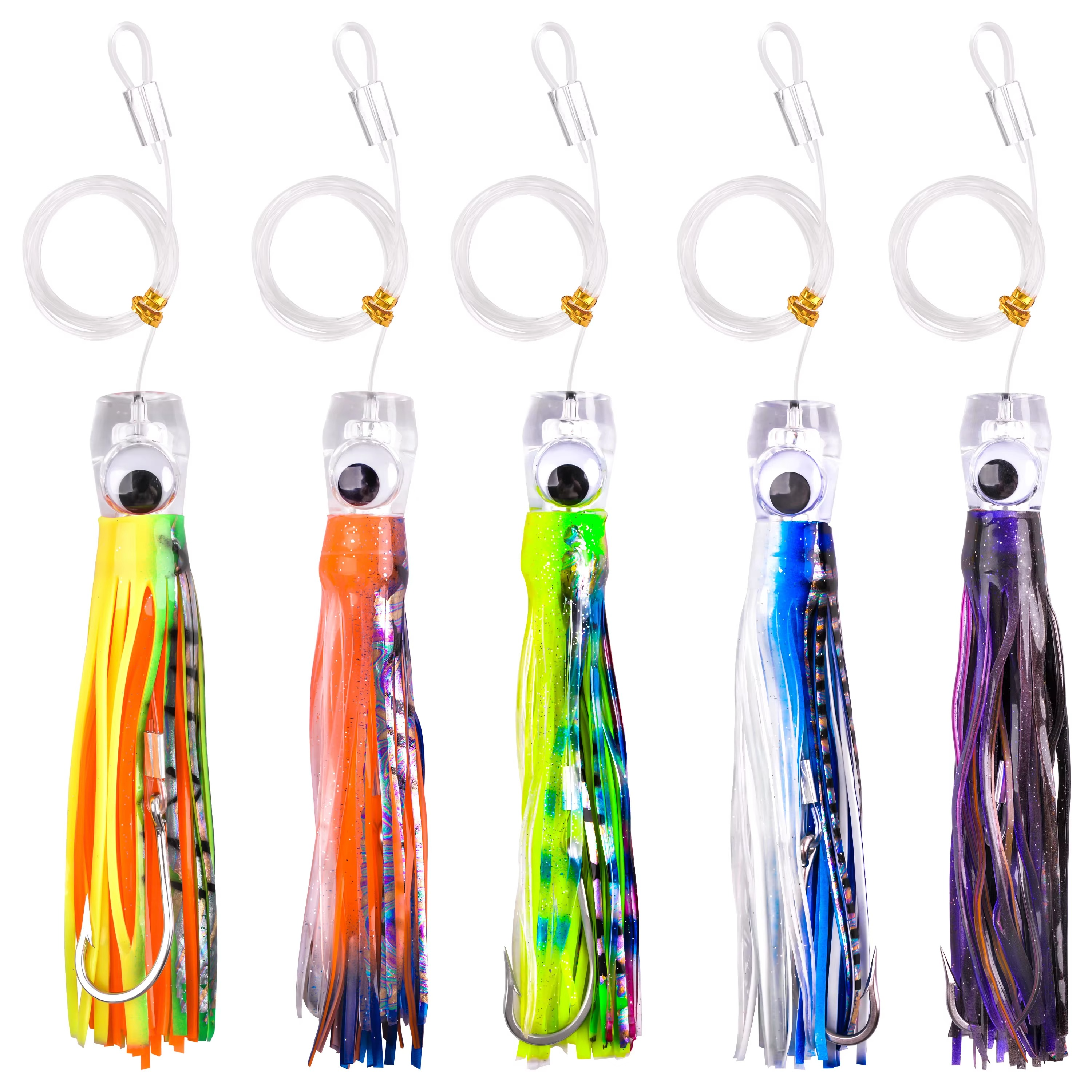 BowLift | 5pcs Rigged Trolling Skirt Tuna Lures for Mahi, Marlin, Shark, and Wahoo – Big Game Saltwater Fishing Lures