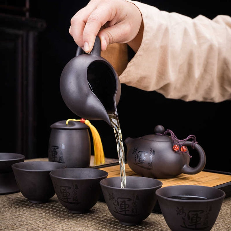 BowLift | 9-piece Set Teawere Retro Designer Cool Purple Sand Ceramic Teapot Set Travel Kong Fu Tea Set Porcelain Purple Sand Pot Tea Strainer