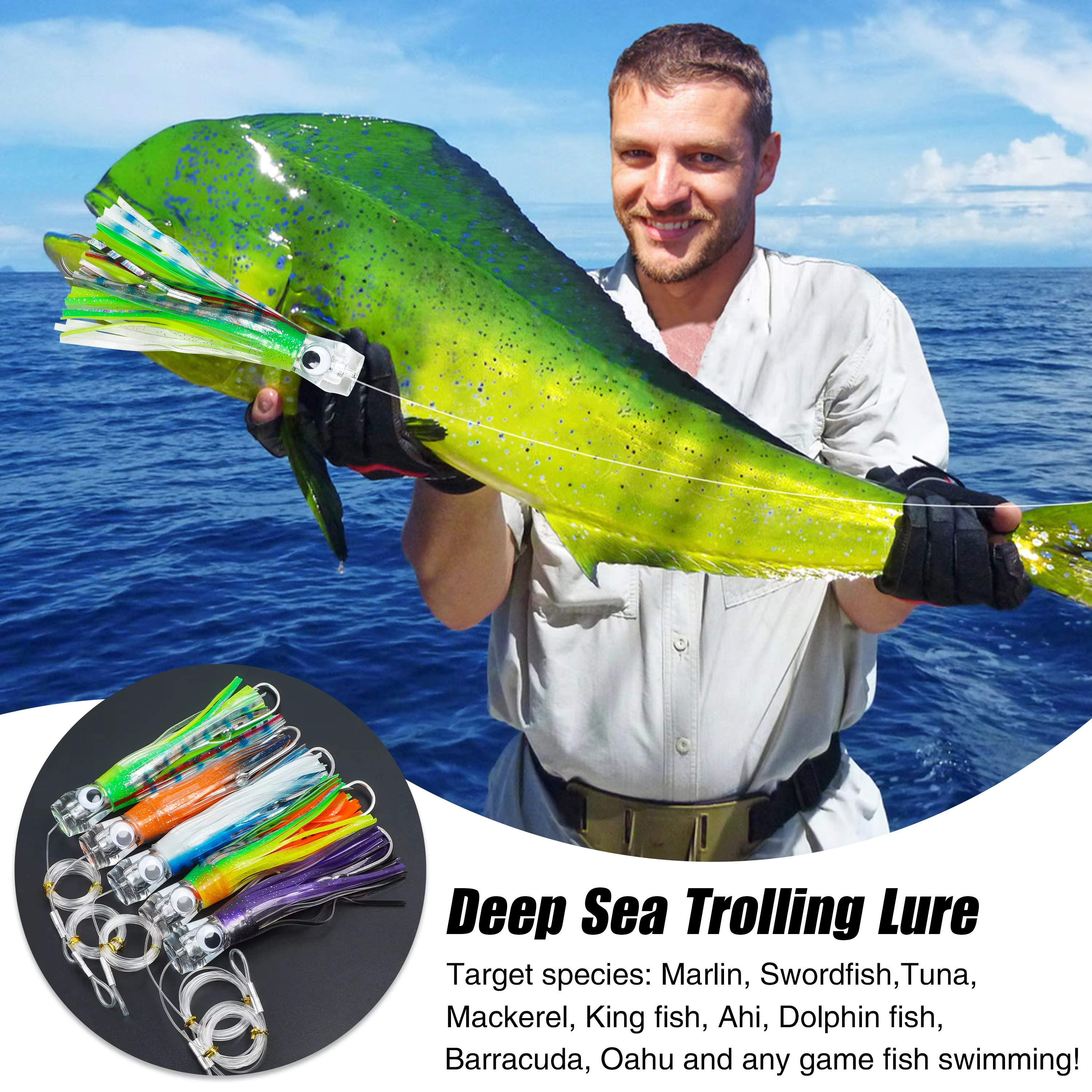 BowLift | 5pcs Rigged Trolling Skirt Tuna Lures for Mahi, Marlin, Shark, and Wahoo – Big Game Saltwater Fishing Lures