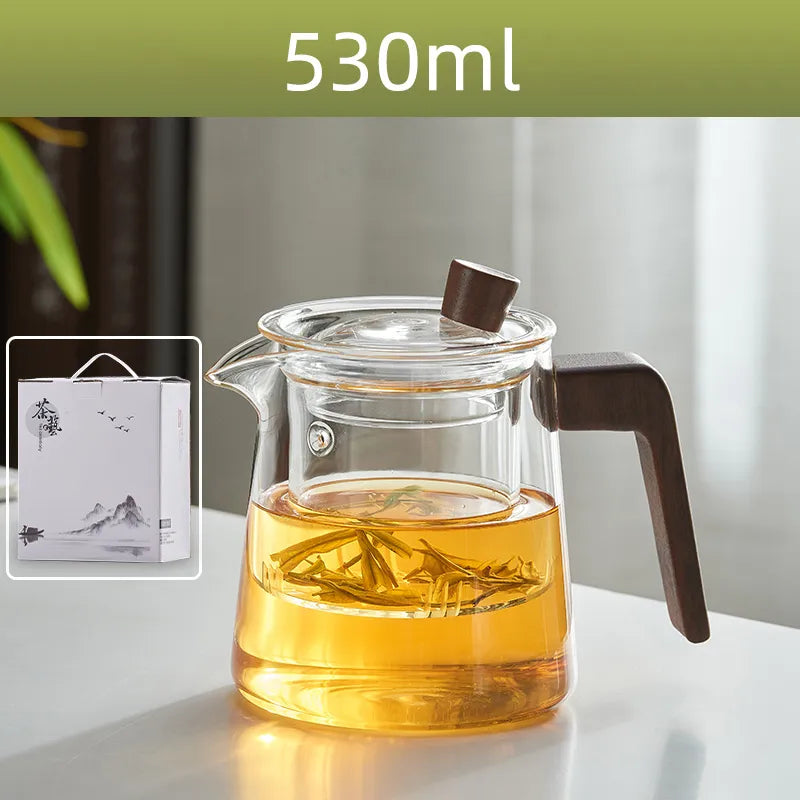 BowLift | GIANXI Retro Glass Teapot Wood Handle Chinese Tea Ceremony Transparent Teawear Set Cup Filter High Boron Silicon Pot 530ML