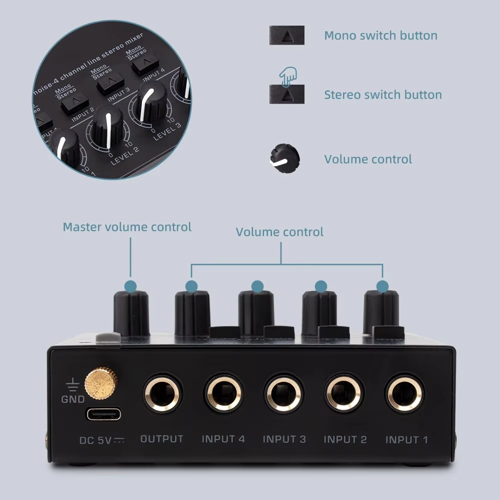 BowLift | Ultra-Compact 4-Channel Low Noise Audio Mixer with Stereo RCA Output