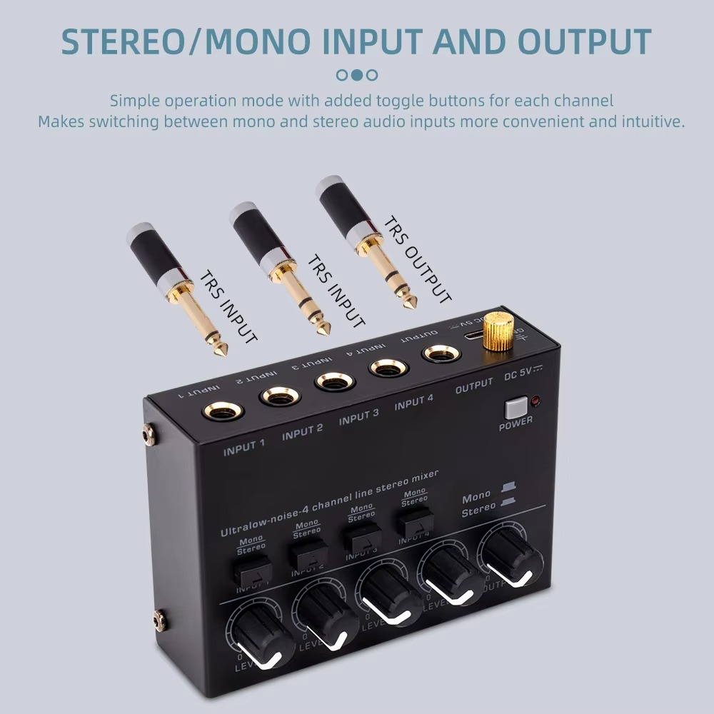 BowLift | Ultra-Compact 4-Channel Low Noise Audio Mixer with Stereo RCA Output