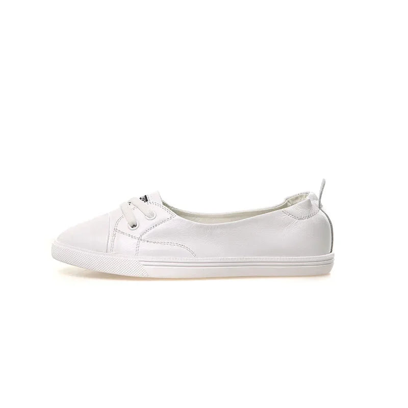 BowLift | 100% Genuine Leather Shoes Women Flat Casual Shoes Soft Cowhide White Flats