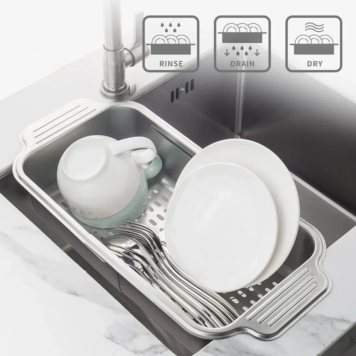 BowLift | Retractable Over Sink Stainless Steel Vegetable Drain Basket