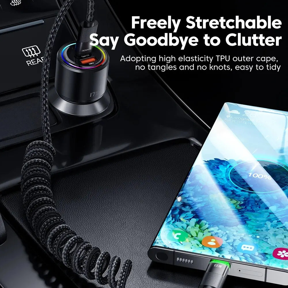 BowLift | PowerLinx USB-C Cable | 100W Fast Charging | Spiral Cable with LED | 1.8m Stretchable & Durable