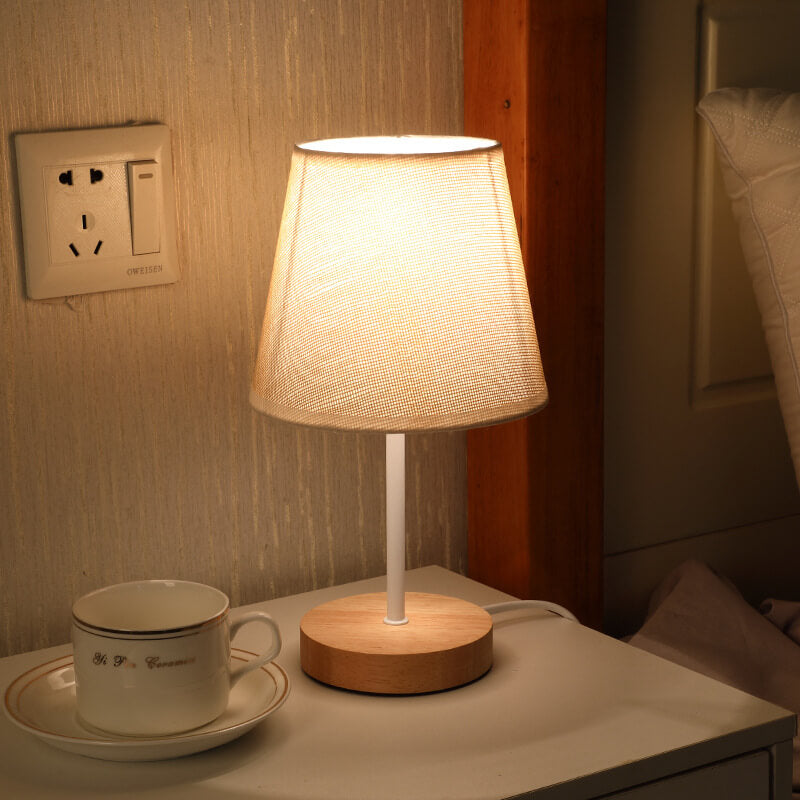 BowLift | Nordic Vintage Fabric Cone Solid Wood LED Table Lamp