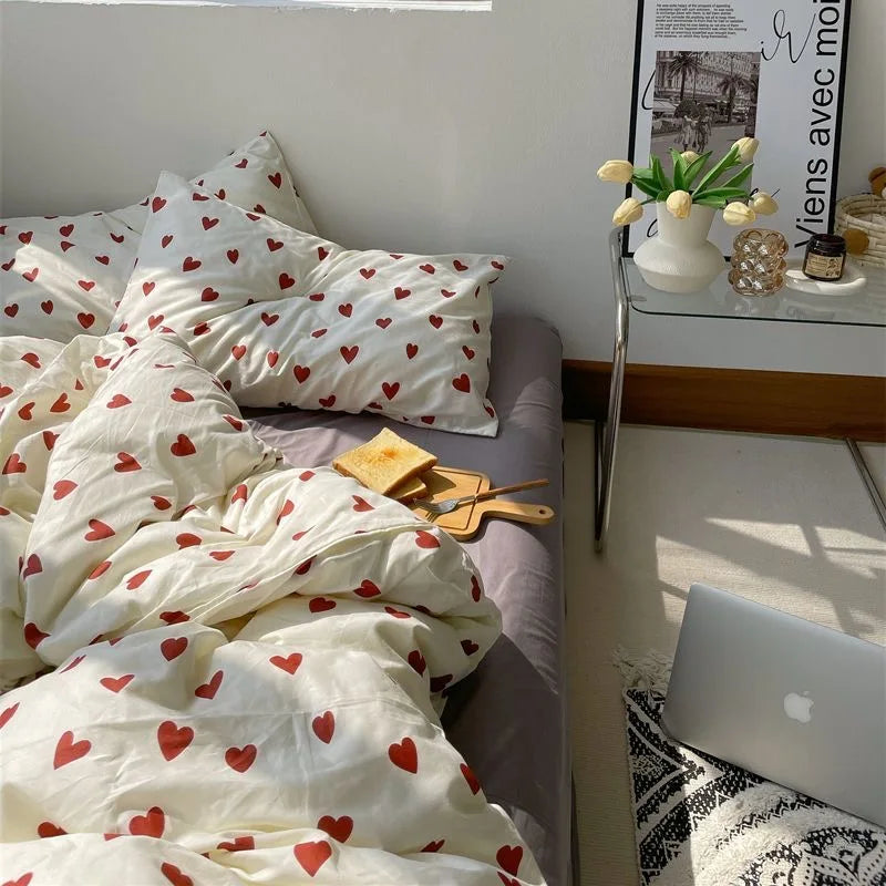 BowLift | CozyLove | Twin, Full & Queen Duvet Cover Set – Soft Korean-Style Bedding with Heart Design