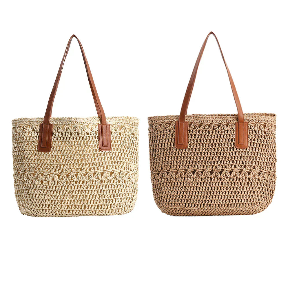 BowLift | Genevieve | Chic Straw Tote Bag with Genuine Leather Straps – Elegant Summer Handbag