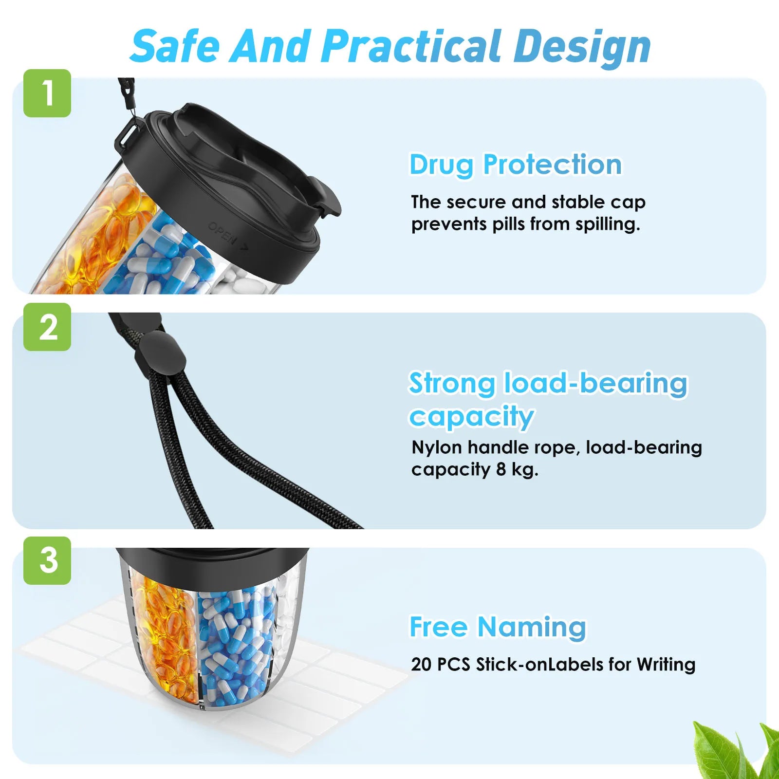 BowLift | Pilliora Travel Pill Box | BPA-free & Hygienic | Anti-Mix System | With Carrying Loop