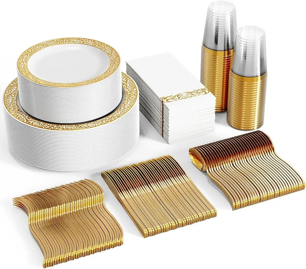 BowLift | 350pcs Disposable Gold Lace Dinnerware Set for 50 Guests