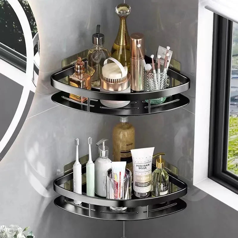 BowLift | Corner Holder Aluminum Wall Shelf – Space-Saving Bathroom Organizer Without Drilling