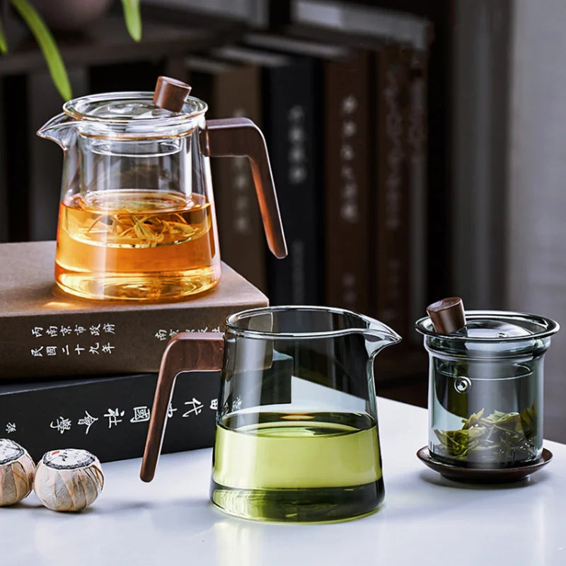 BowLift | GIANXI Retro Glass Teapot Wood Handle Chinese Tea Ceremony Transparent Teawear Set Cup Filter High Boron Silicon Pot 530ML