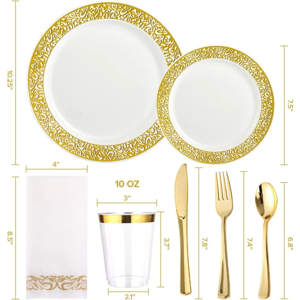 BowLift | 350pcs Disposable Gold Lace Dinnerware Set for 50 Guests