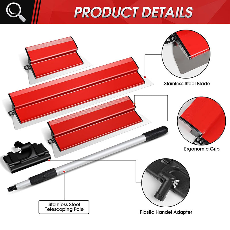 BowLift | Stainless Steel 10",16" & 24" Skimming Blades with 28"-62" Extension Handle Pole Drywall Skimming Blade Set Professional Drywall Skimming Tools for Smoothing Wall and Ceiling