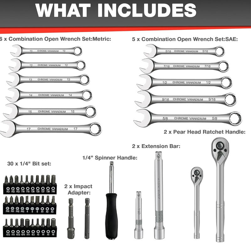 BowLift | 122Pcs 1/4" & 3/8” Socket & Socket Wrench Sets Ratchet Socket Wrench Set with Extention Bar Adapter Screw Bits Drive Bit Holder Spark Plug Socket CR-V