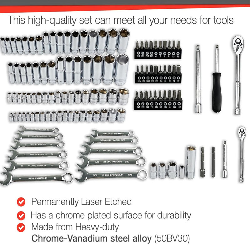 BowLift | 122Pcs 1/4" & 3/8” Socket & Socket Wrench Sets Ratchet Socket Wrench Set with Extention Bar Adapter Screw Bits Drive Bit Holder Spark Plug Socket CR-V