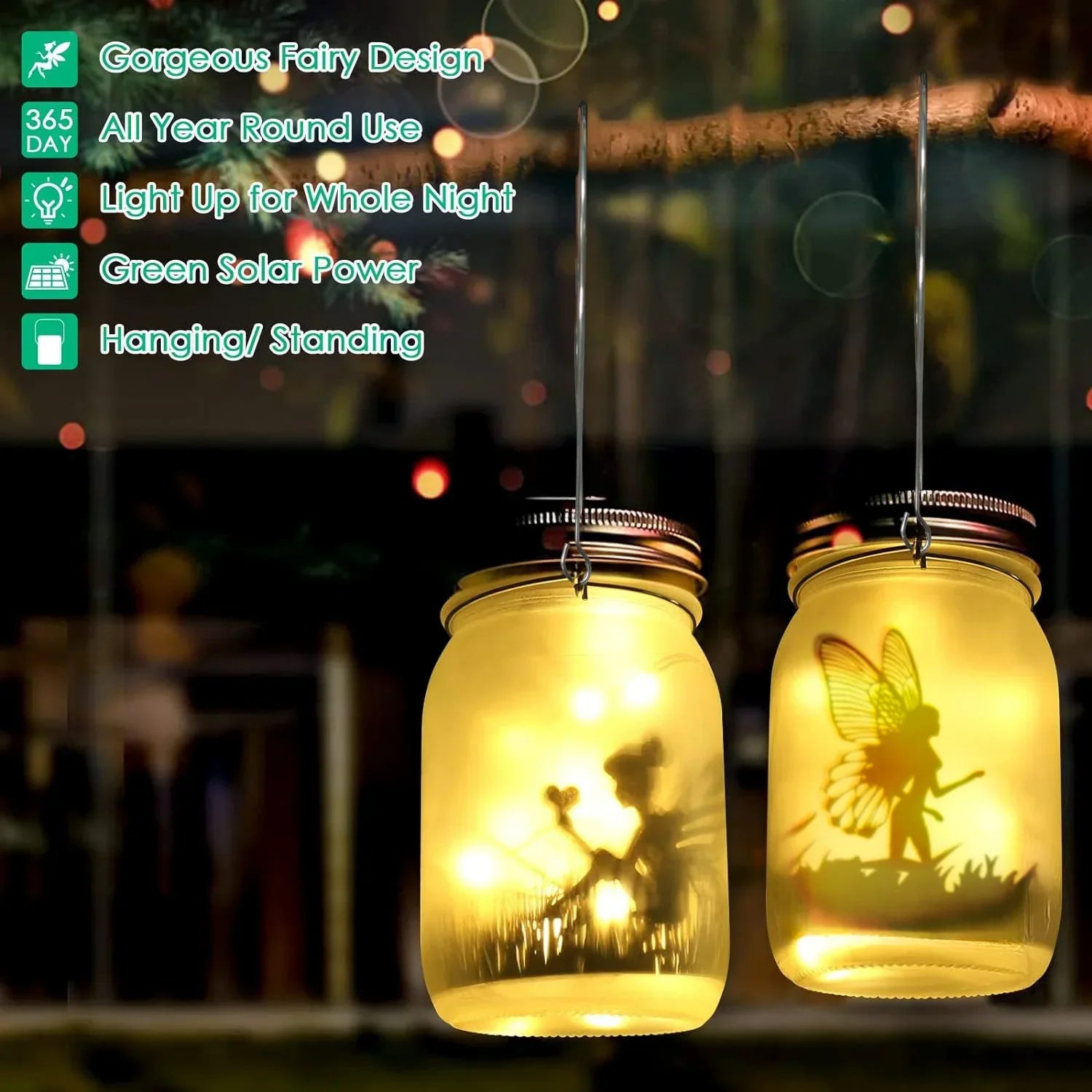 BowLift | Glass Fairy Lamp - Solar Mason Jar Lantern, IP65 Waterproof Outdoor Hanging Light