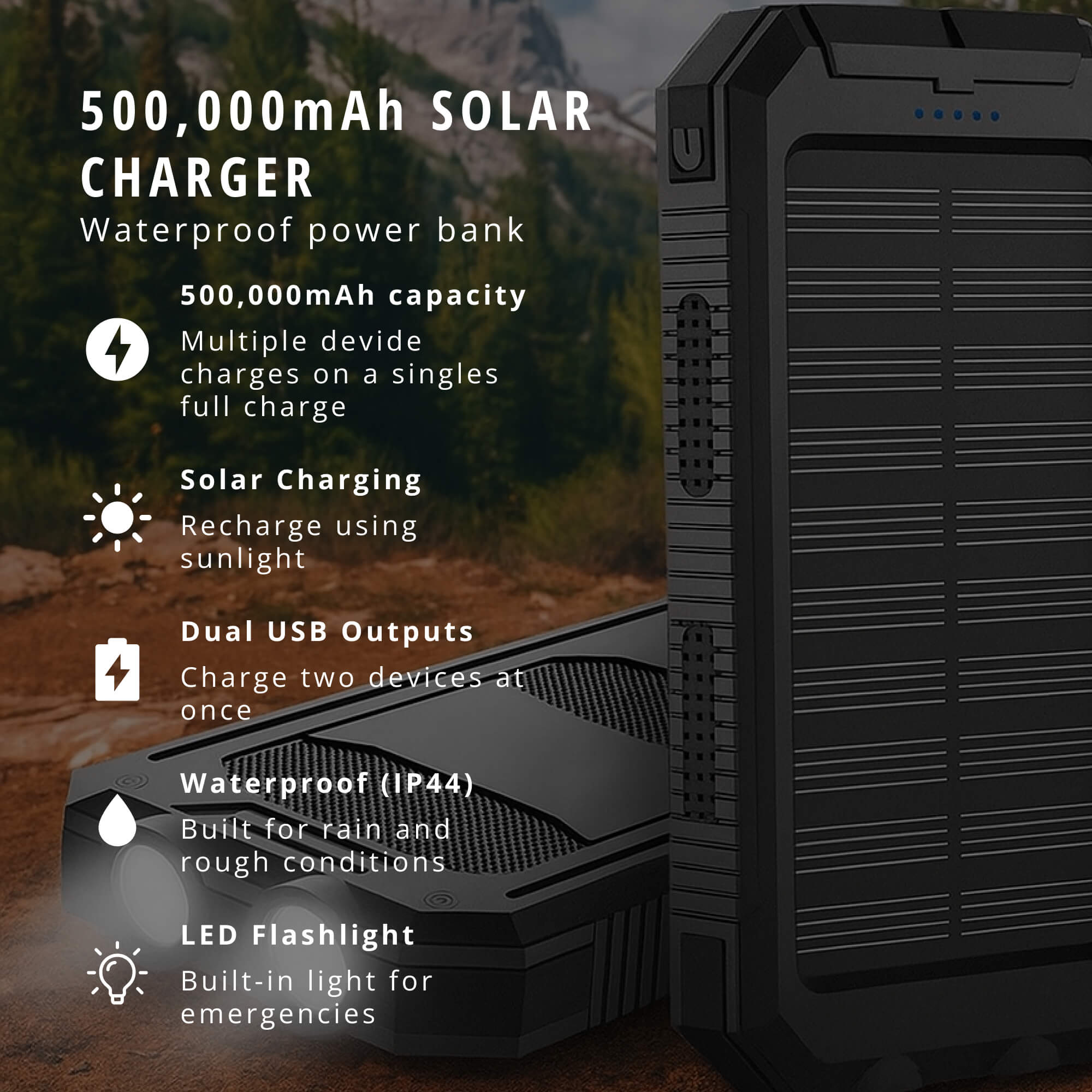 BowLift | 500000mAh Solar Charger Waterproof Power Bank External