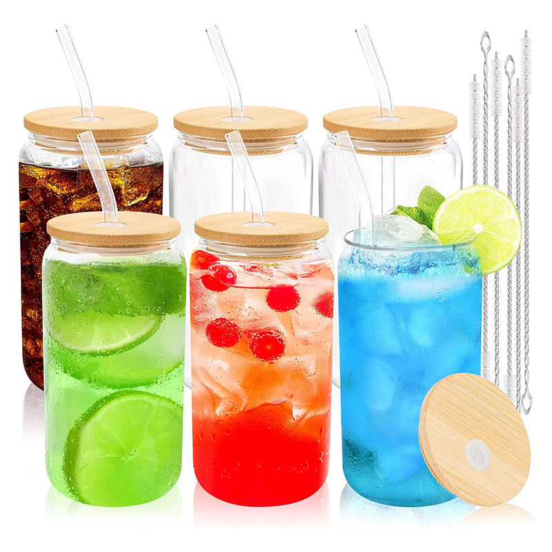 BowLift | 16 oz Glass Cups with Bamboo Lids and Straws Reusable Iced Coffee Cup Beer Can Drinking Jars for Smoothie Whiskey Boba Soda Tea