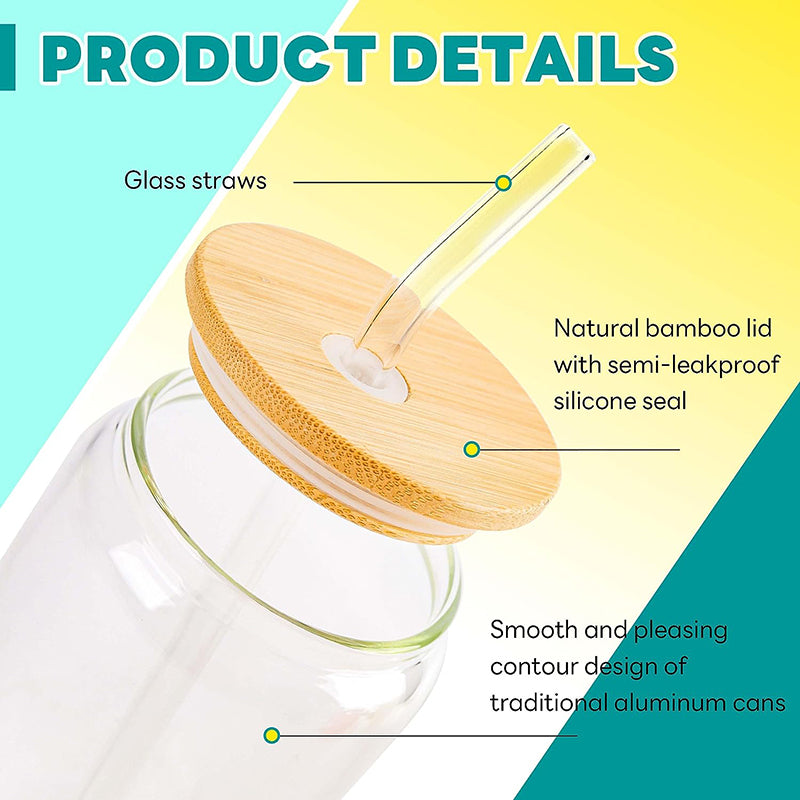 BowLift | 16 oz Glass Cups with Bamboo Lids and Straws Reusable Iced Coffee Cup Beer Can Drinking Jars for Smoothie Whiskey Boba Soda Tea