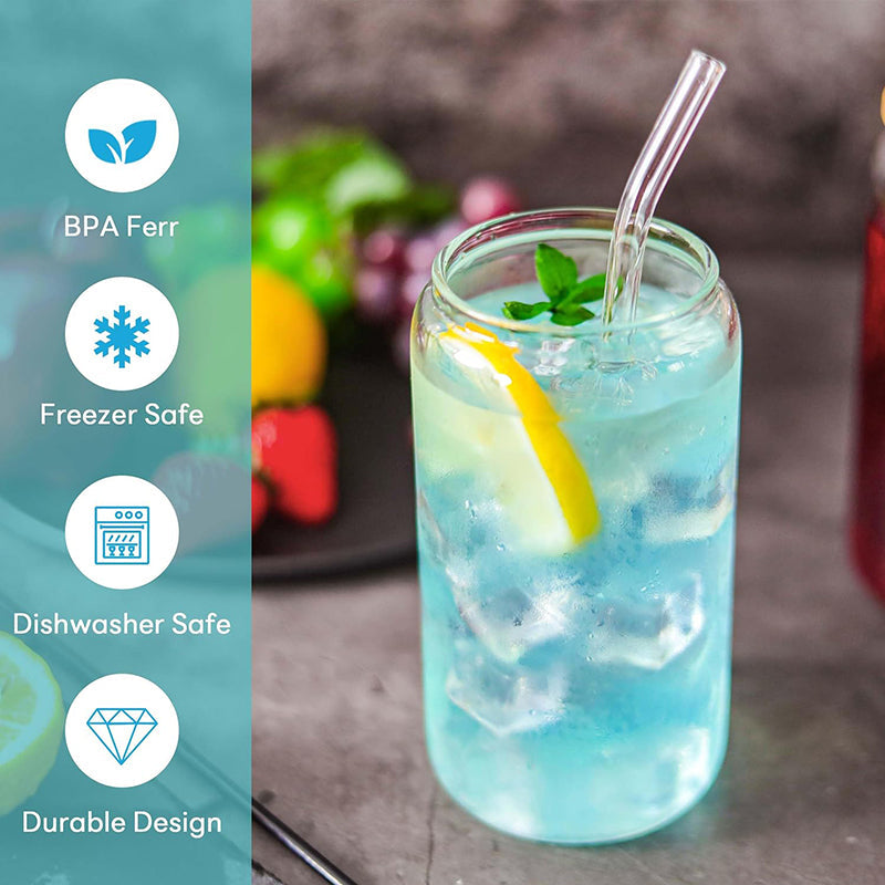 BowLift | 16 oz Glass Cups with Bamboo Lids and Straws Reusable Iced Coffee Cup Beer Can Drinking Jars for Smoothie Whiskey Boba Soda Tea
