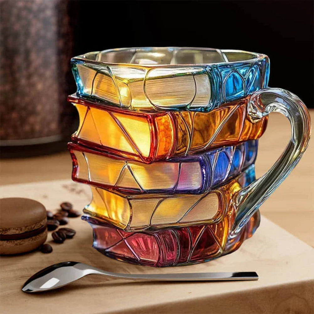 BowLift | Glass Coffee Mug 350 ml with Three-Dimensional Book Pattern – Handcrafted, High-Quality Glass