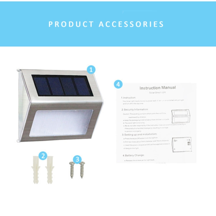 BowLift | 2PCS Solar Stainless Steel 3 LED Stair Wall Lamp Outdoor Garden Fence Light (White Light)