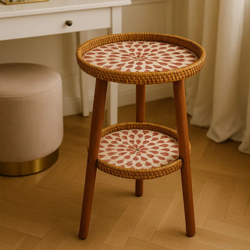 BowLift | Double Side Table with Artistic Mosaic Pattern - Rattan & Wood