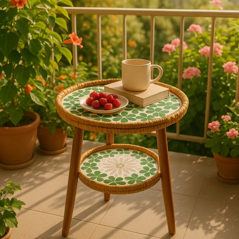 BowLift | Double Side Table with Artistic Mosaic Pattern - Rattan & Wood