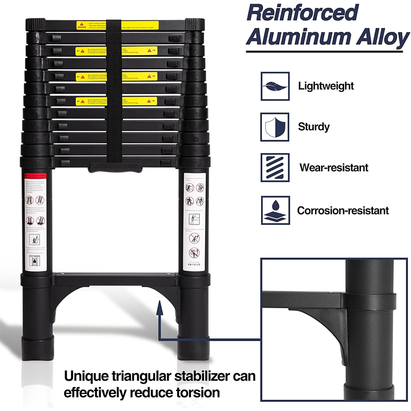 BowLift | 12.5ft Aluminum Telescopic Ladder, Lightweight Multipurpose Foldable Extension Ladder with 2 Triangular Stabilizers, Maximum Load Capacity 330lbs, Suitable for Home, RV and Outdoor Work, Black