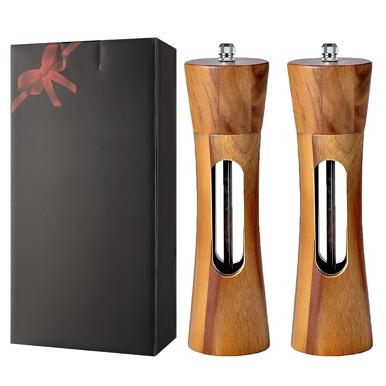 BowLift | SpiceCraft Manual Salt and Pepper Mill Set – Wooden Design with Acrylic Window Adjustable Grind Levels